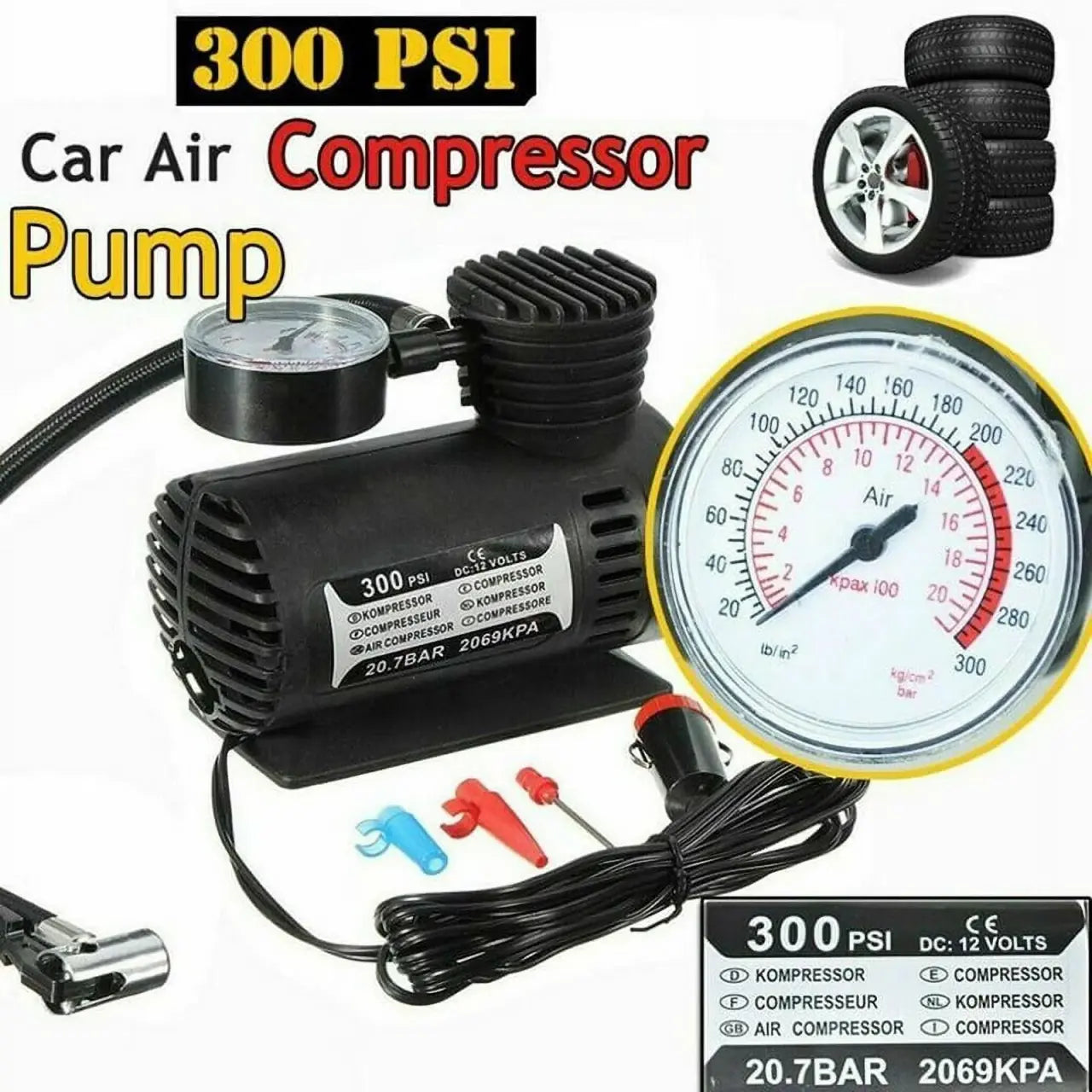 Compresor de Aire Portátil 300 PSI – Inflador Eléctrico para Neumáticos de Coche