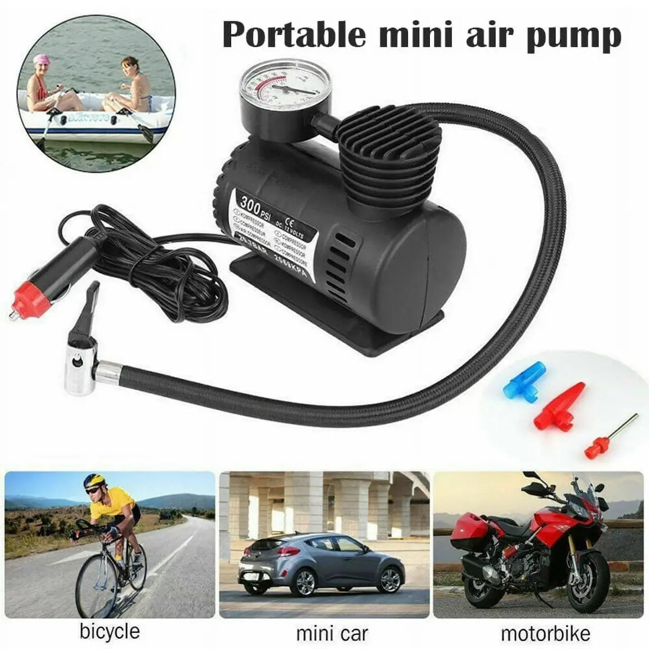 Compresor de Aire Portátil 300 PSI – Inflador Eléctrico para Neumáticos de Coche